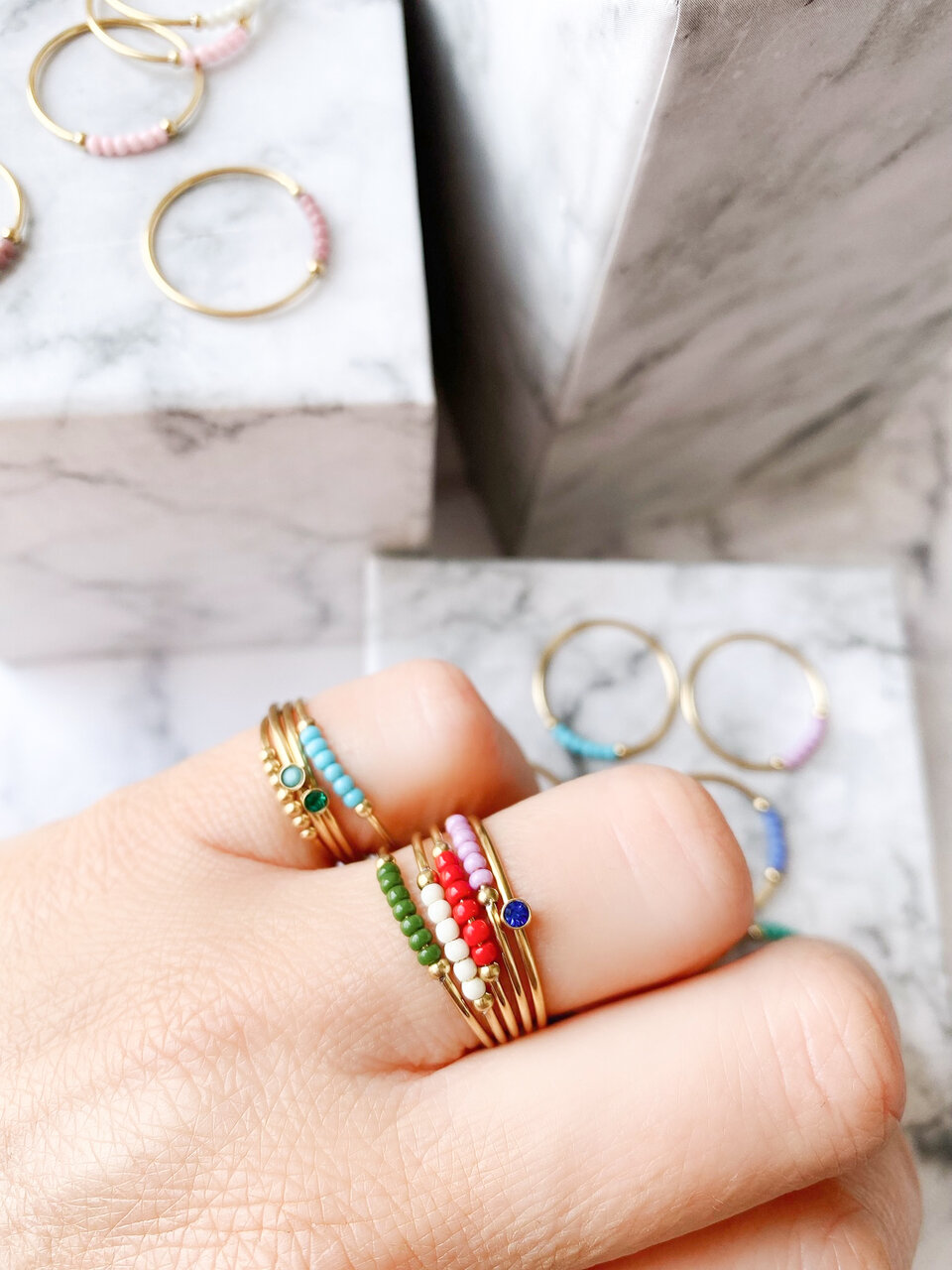 Anxiety Ring Palm White Beads Goldplated R989/KR115 