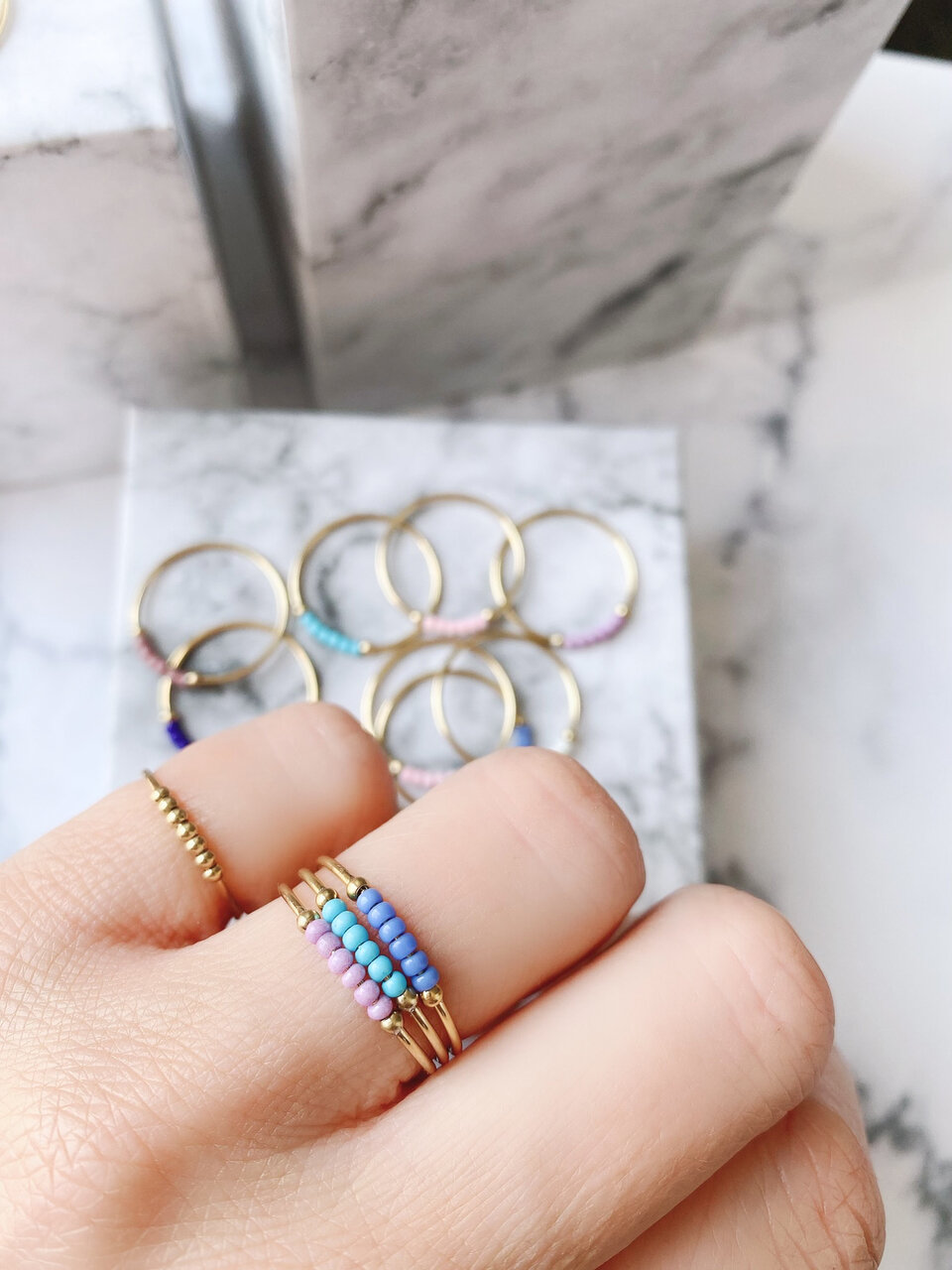 Anxiety Ring Palm White Beads Goldplated R989/KR115 