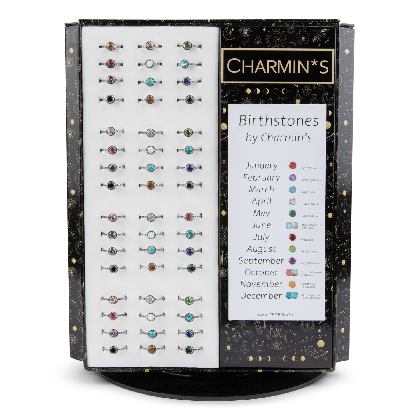 Charmin&#039;s Stalen Birtstones Tafel Draaidisplay MET 144 ringen