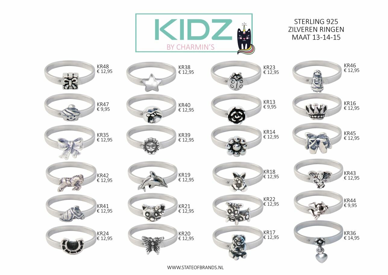 KIDZ 45 bagues pour enfants en argent en 3 tailles en présentoir, commande facile (1)