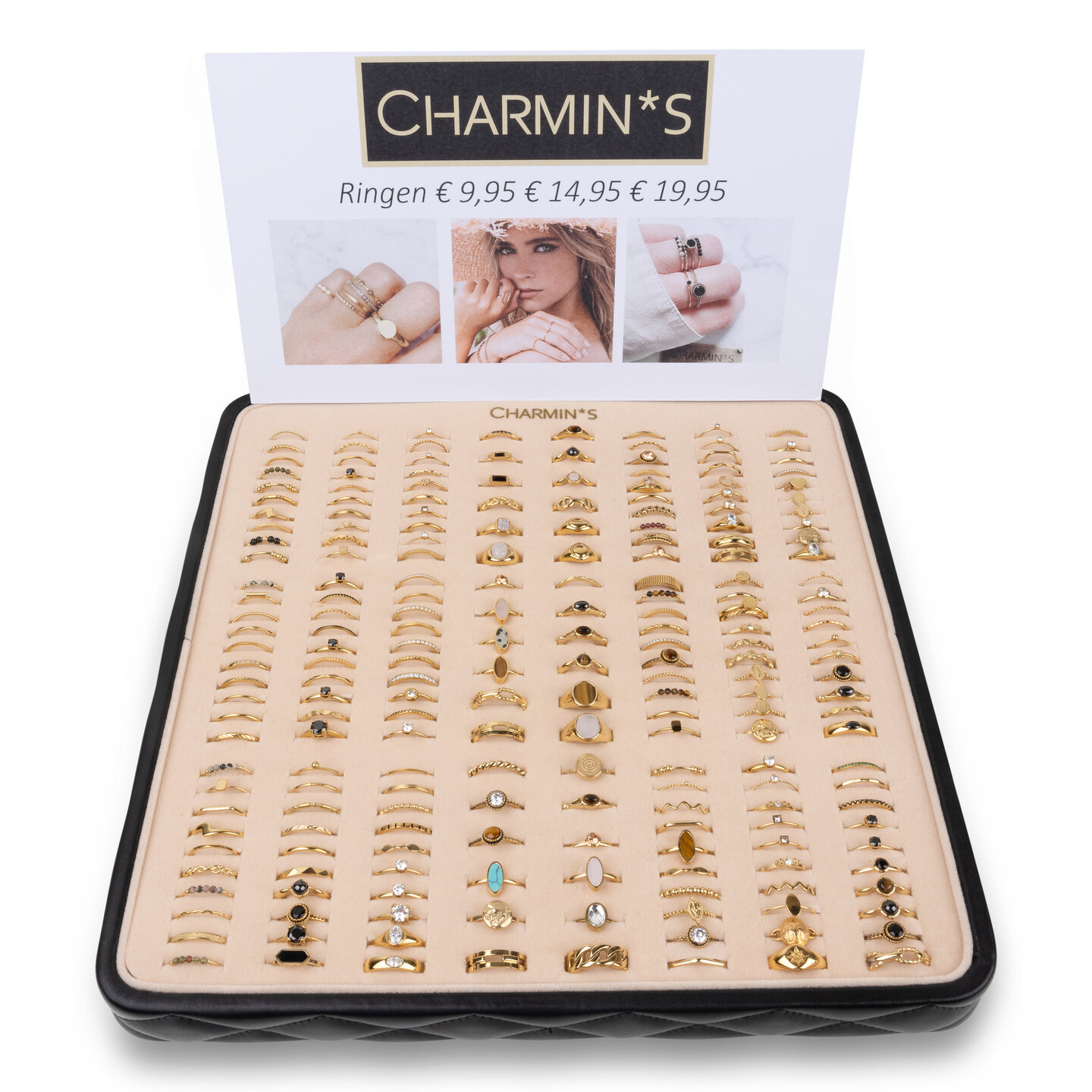 Charmin’s Gestikte Zwarte Ringenbox Vegan-Leer Display – 5557