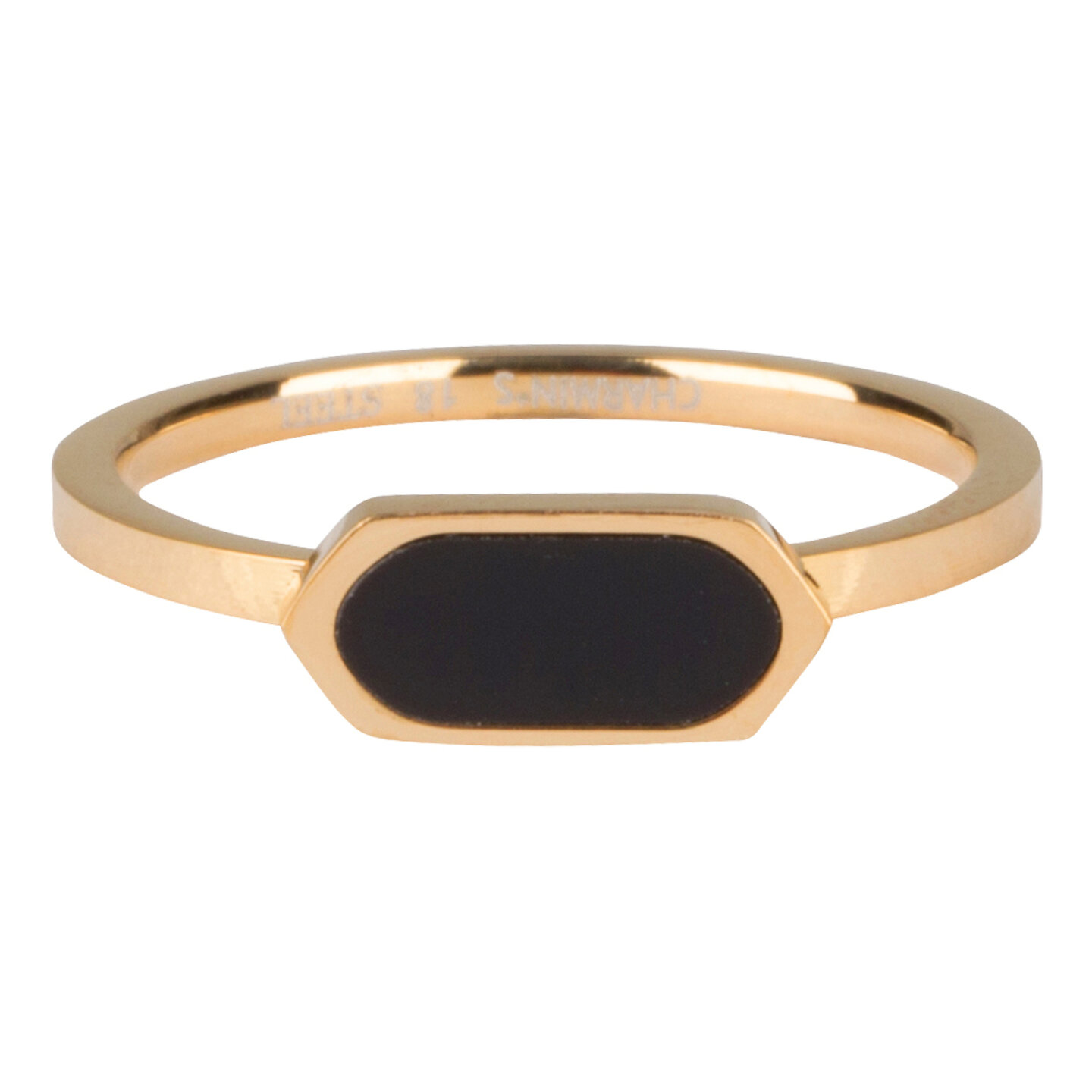 Charmin&rsquo;s goudkleurige stapelring R672 Fashion Seal Black Oval goldplated staal