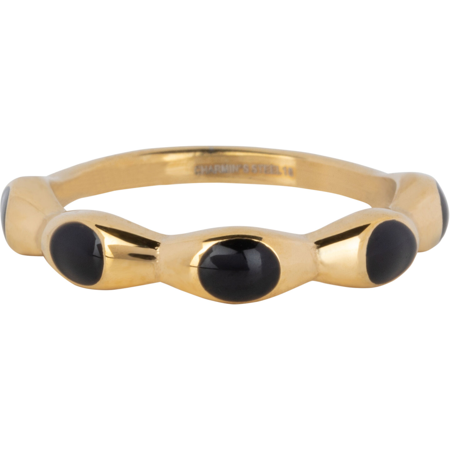 Charmin's Goudkleurig Ring Met Zwarte Ronde Emaille Bollen Staal R1494