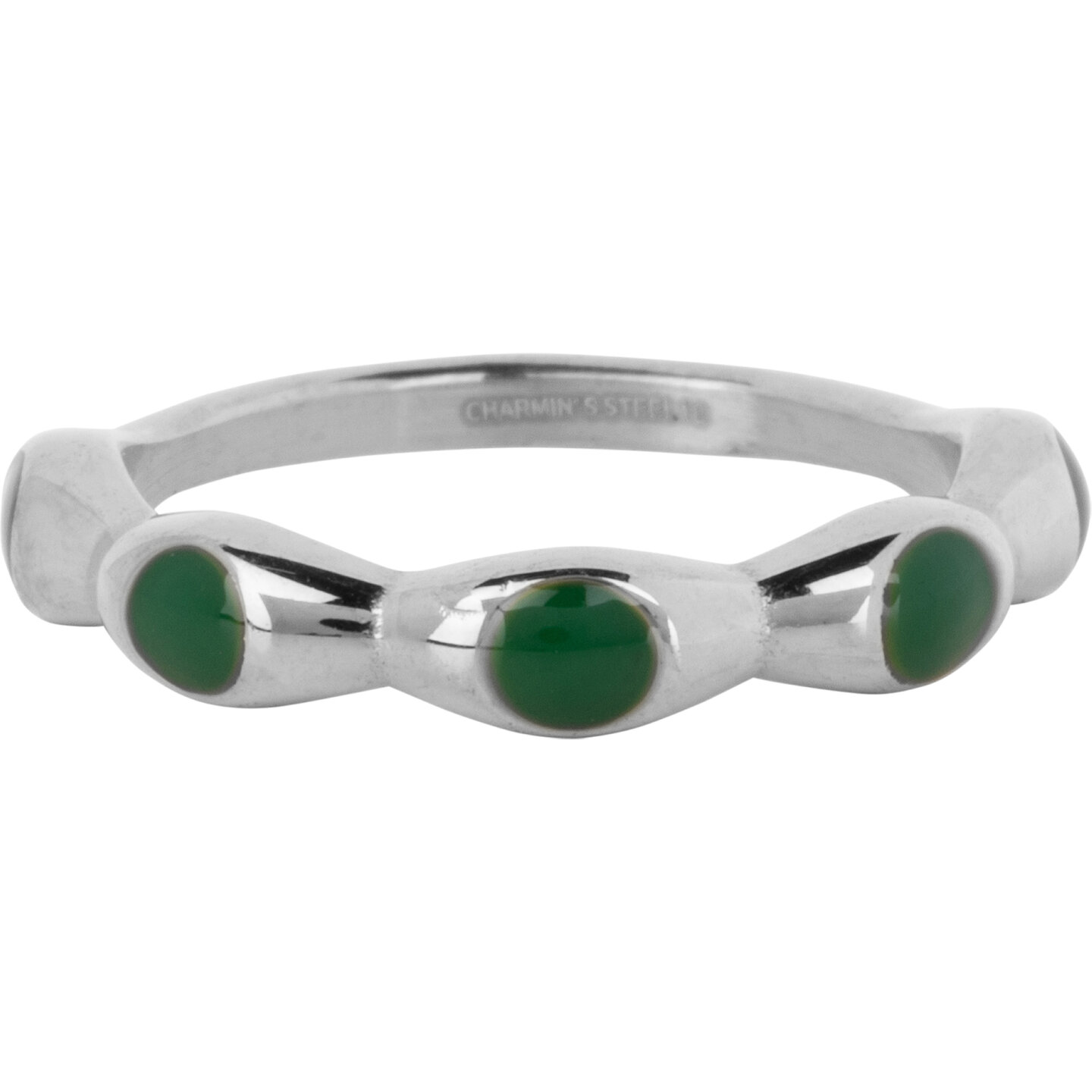 Charmin's Zilverkleurig Ring Met Donker Groene Ronde Emaille Bollen Staal R1497