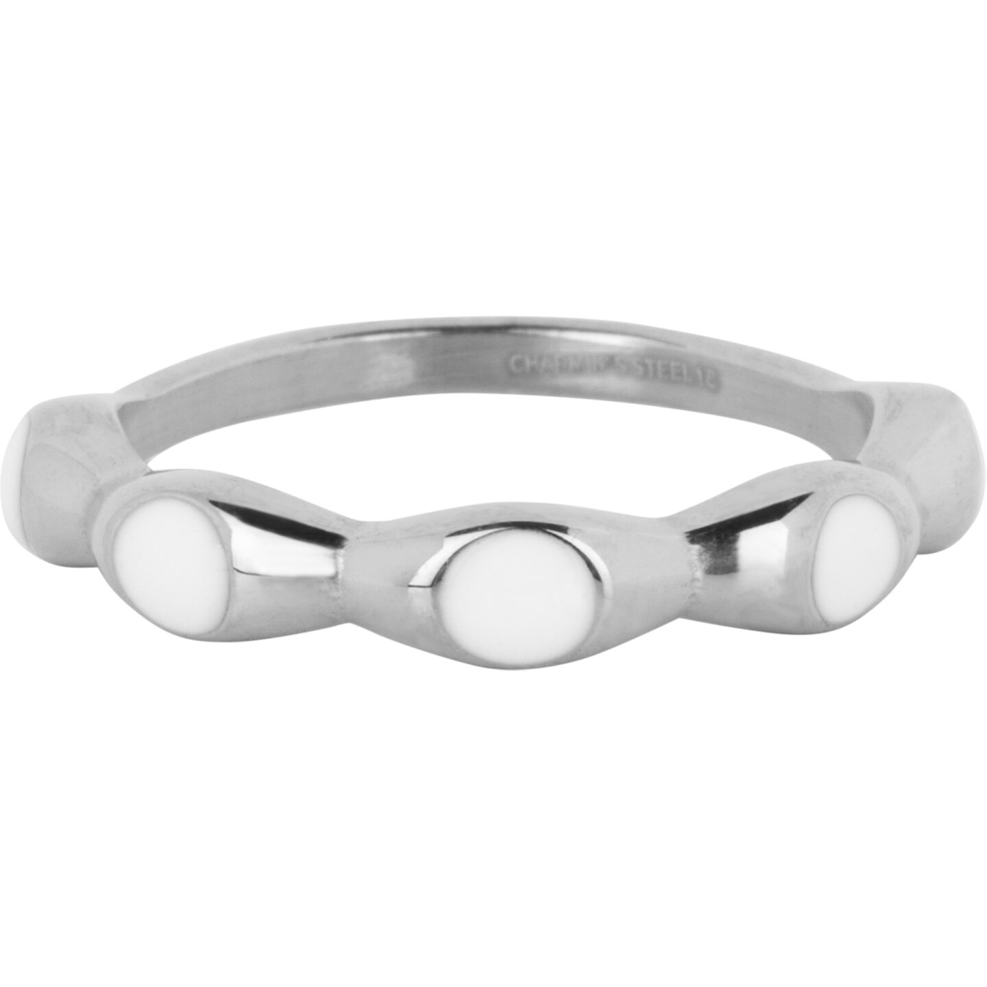 Charmin's Zilverkleurig Ring Met Witte Ronde Emaille Bollen Staal R1491
