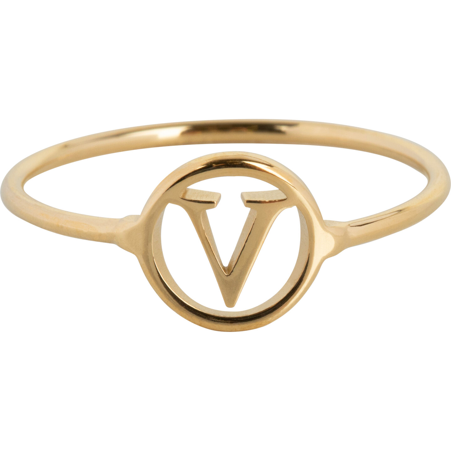 Charmin’s initialen open ronde zegelring Goldplated R1121 Letter V
