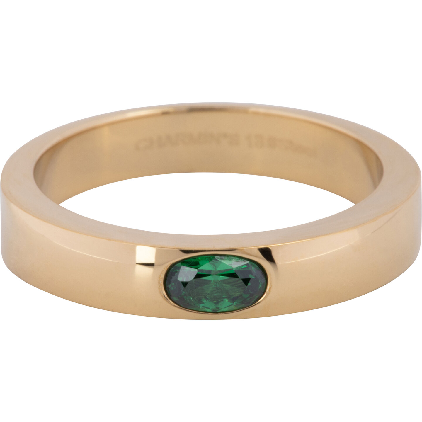 Charmin’s Ring Brede Band Ovale Donker Groene Steen Goudkleurig Staal R1227
