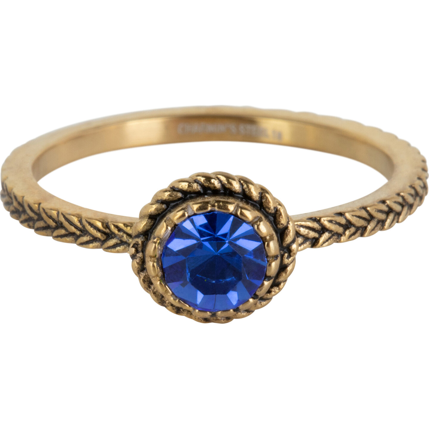 Charmin's Goudkleurige Ring Birthstone September Donkerblauwe Kristal Staal Iconic Vintage R1098