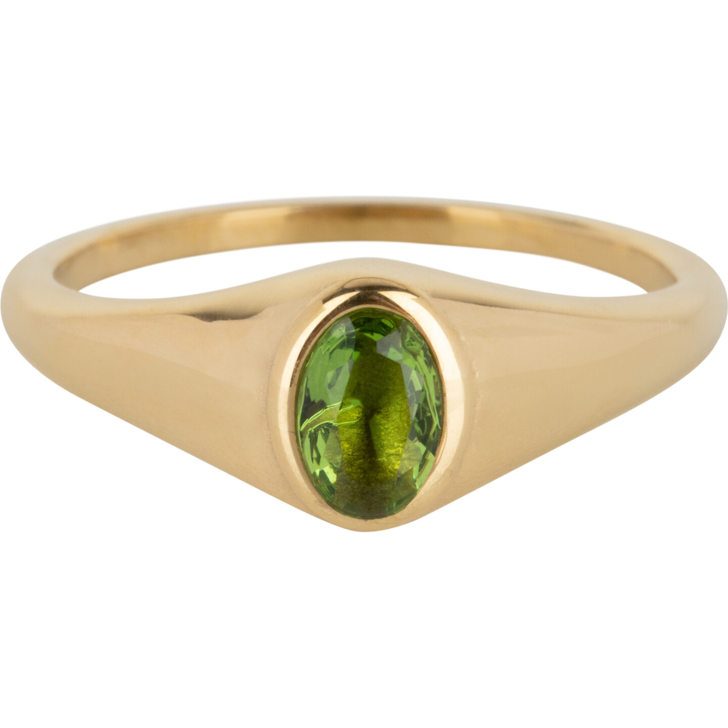 Charmin’s R1088 Birthstone zegelring August Green Peridot Oval Stone Goldplated