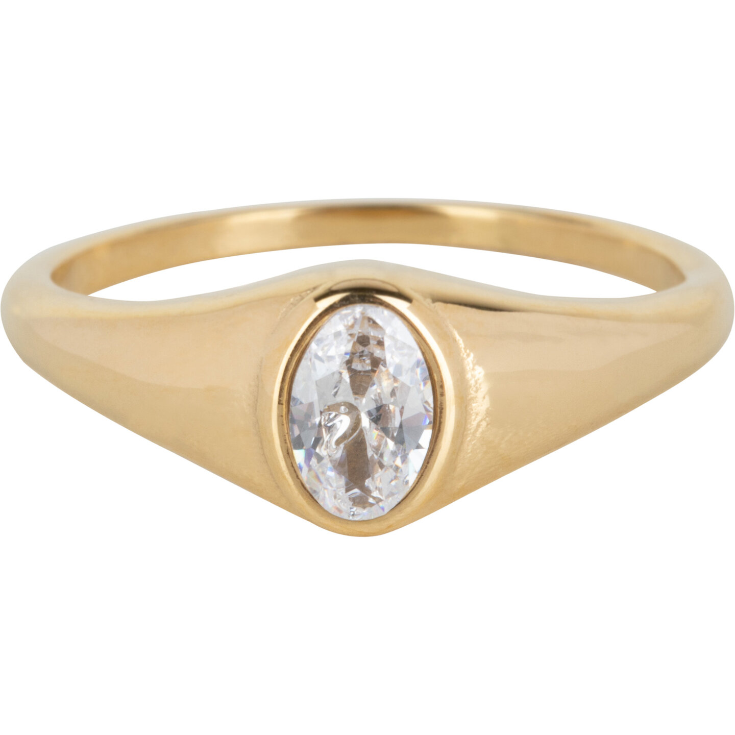 Charmin’s R1034 Birthstone zegelring April White Oval Stone Goldplated