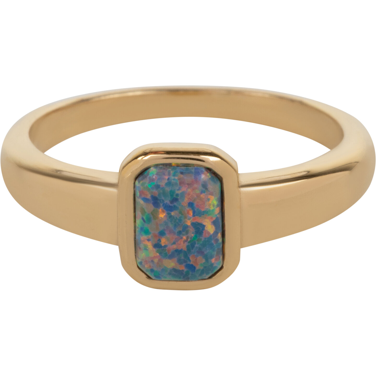 Bague signet Charmin's en acier dor&eacute;, pierre pr&eacute;cieuse labradorite, forme rectangulaire (R1178)