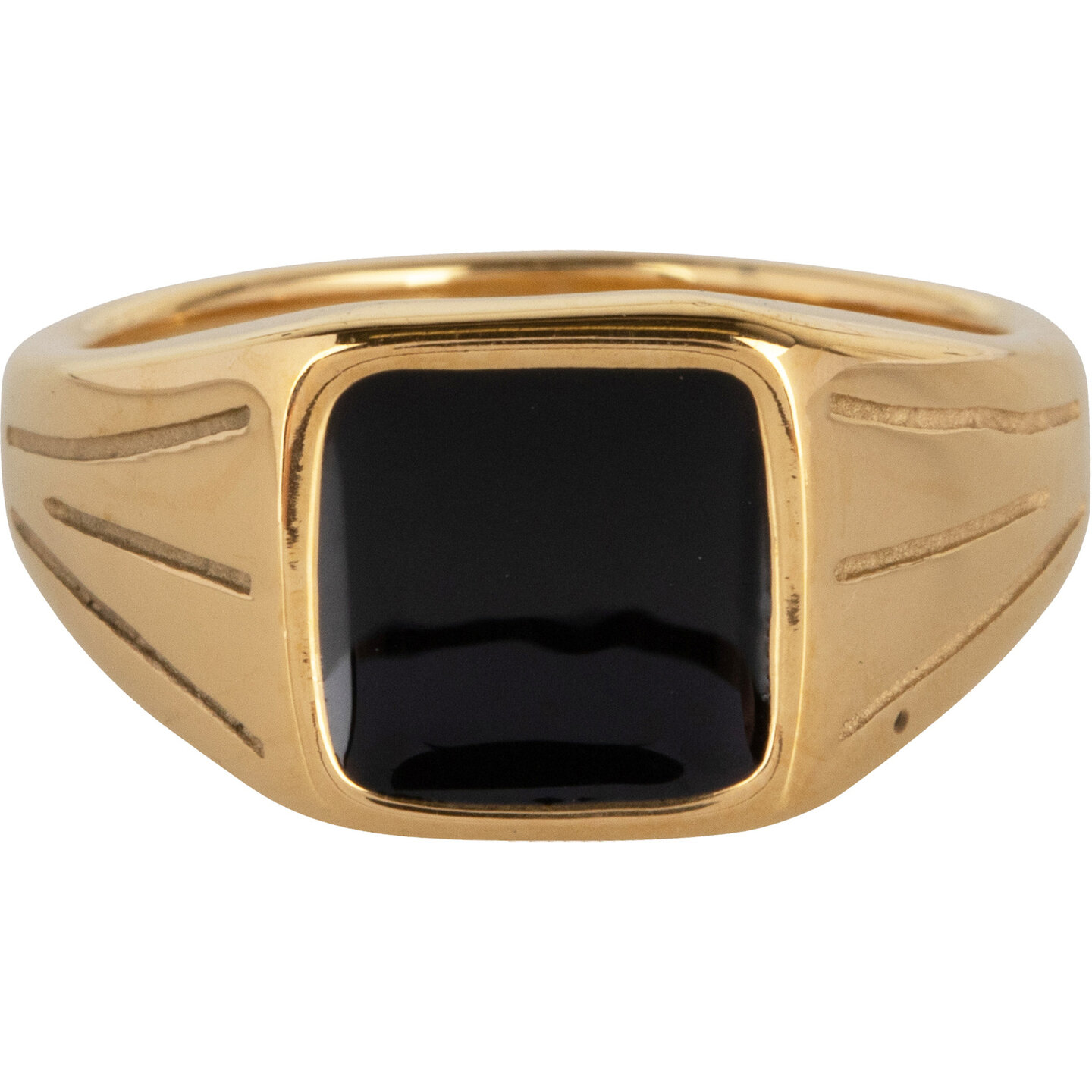 Charmin&#039;s Goudkleurige UNI Heren en Dames Zegelring Vierkante Zwarte Steen Staal R1004