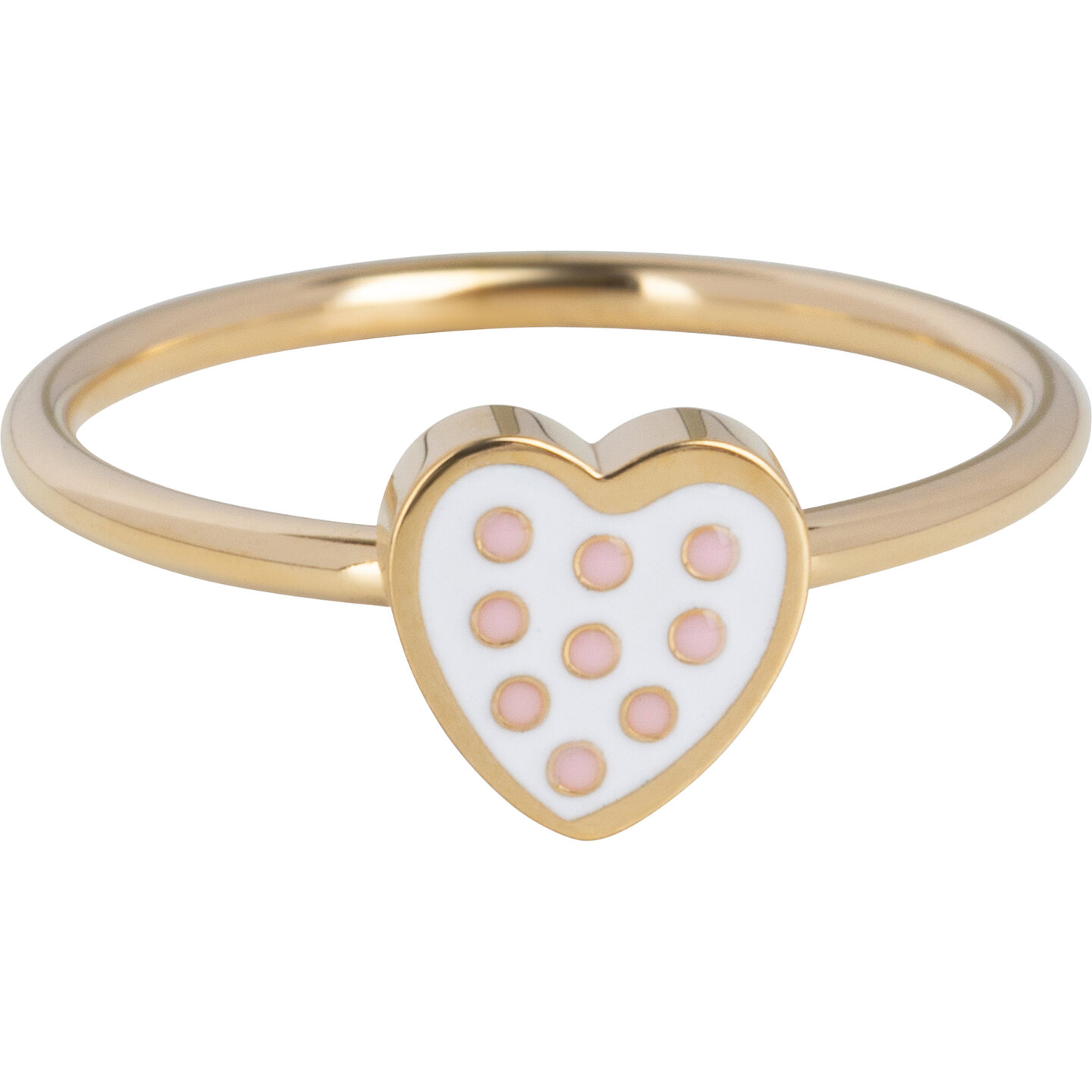 KIDZ Kinderring Goudkleurig Staal met Hartje en Zachtroze Stippen KR167 &ndash; Lief en Dromerig