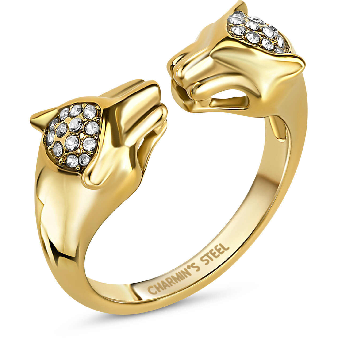 Charmin's Goudkleurige Chunky Ring met Twee Panter Hoofden R1839 Stoer en Chique
