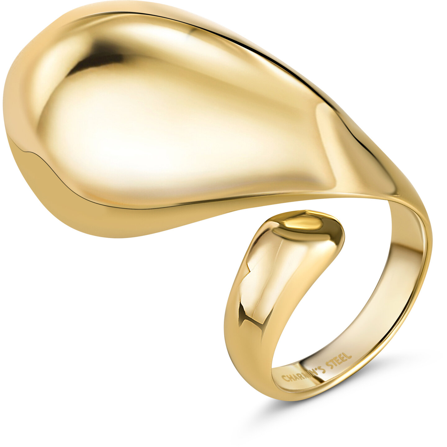 Bague &eacute;paisse couleur or de Charmin avec petites extr&eacute;mit&eacute;s rondes ouvertes et grandes extr&eacute;mit&eacute;s pendantes en acier R1843.