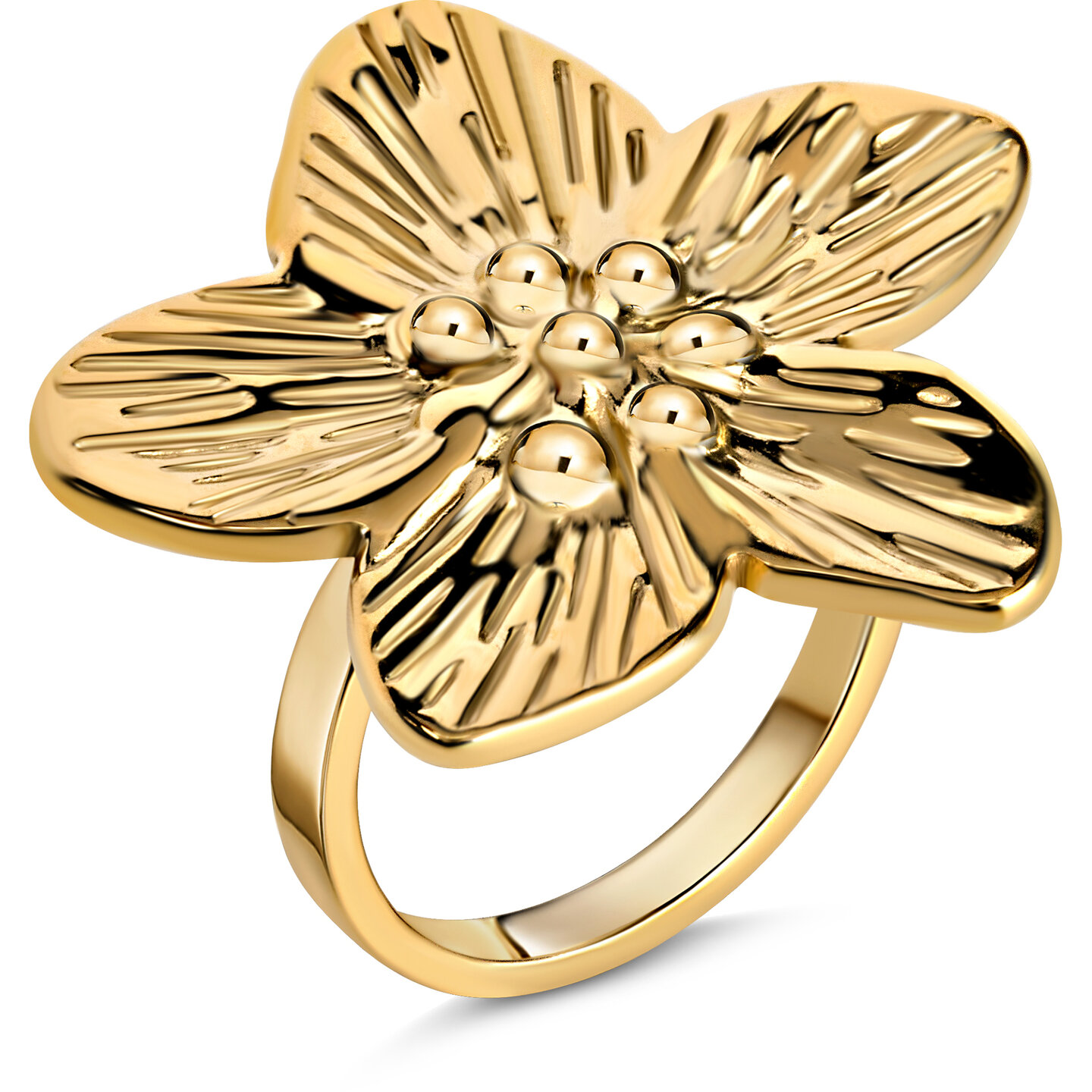 Goudkleurige Chunky Ring met Sierlijke Kersenbloesem. Een symbool van schoonheid en licht, perfect als subtiele eyecatcher. Productcode: R1855.