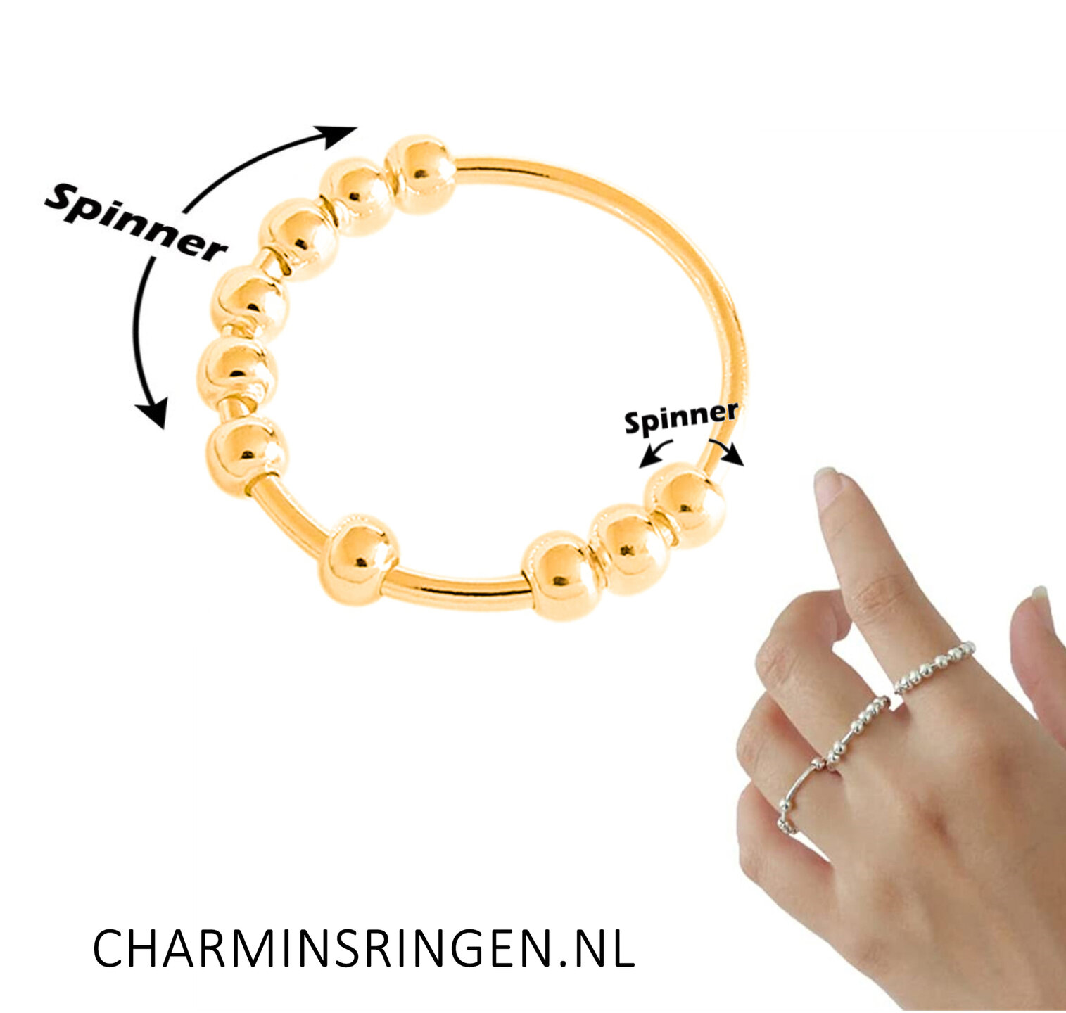 R1062 Classic Anxiety Fidget Ring 10 Balletjes Goudkleurig