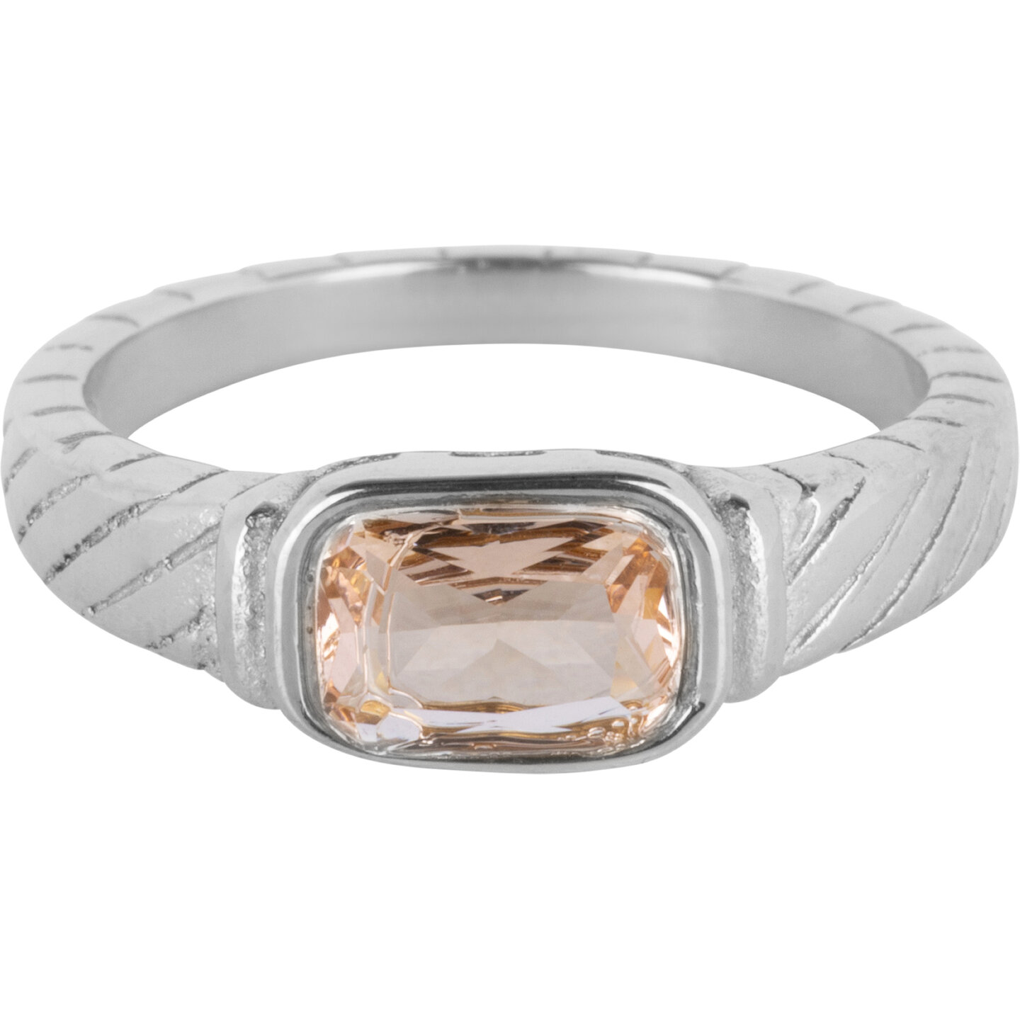 Charmin's Stalen Ring met Kristal Roze Steen en Graveringen R1352&ndash; Klassieke Vintage