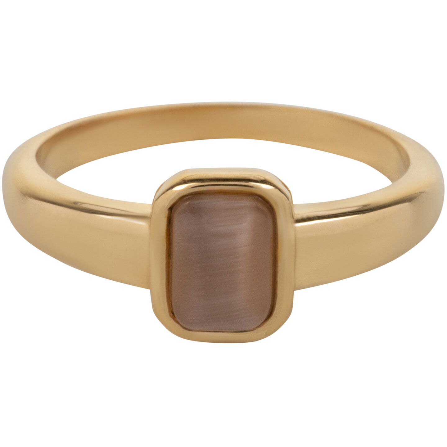 Bague chevali&egrave;re Charmin couleur or, pierre &oelig;il-de-chat marron, forme rectangulaire, acier R1176