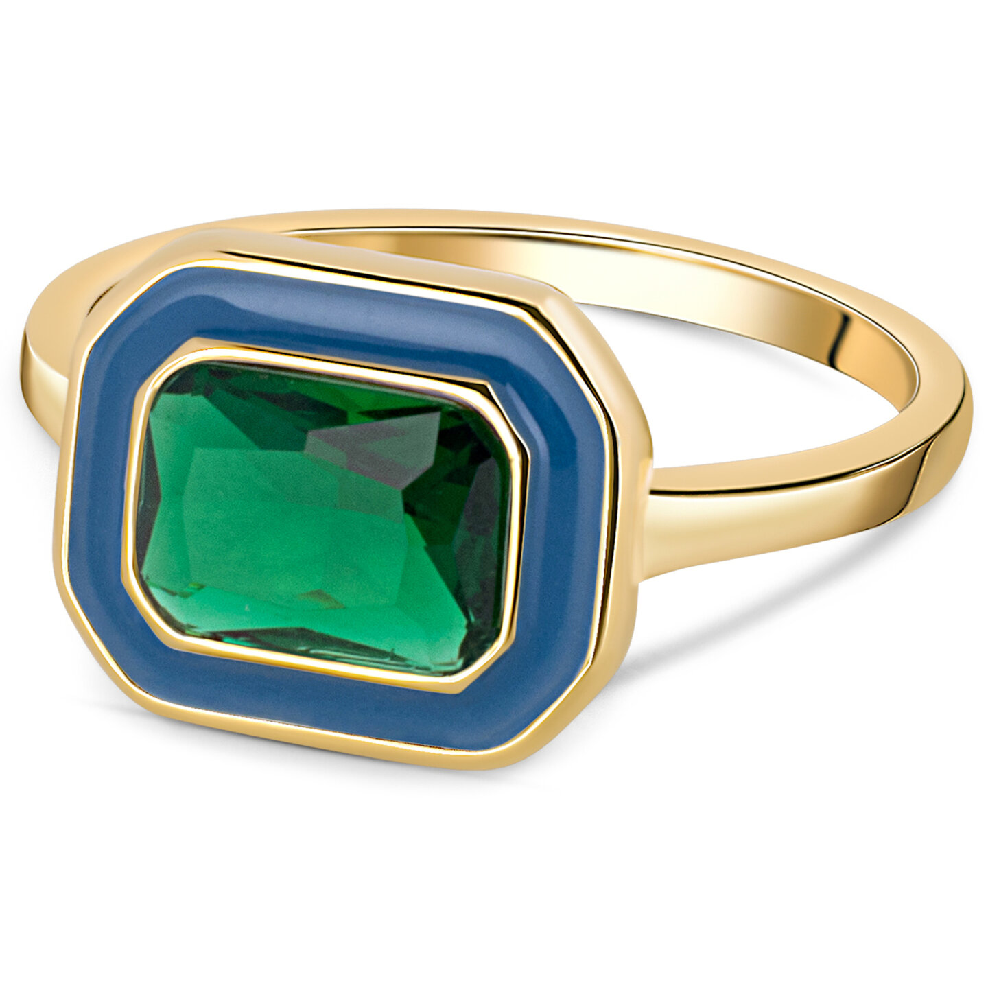 Charmin's Gold-Colored Chunky Ring Blue Enamel and Green Stone R1780 &ndash; Chic and Vintage