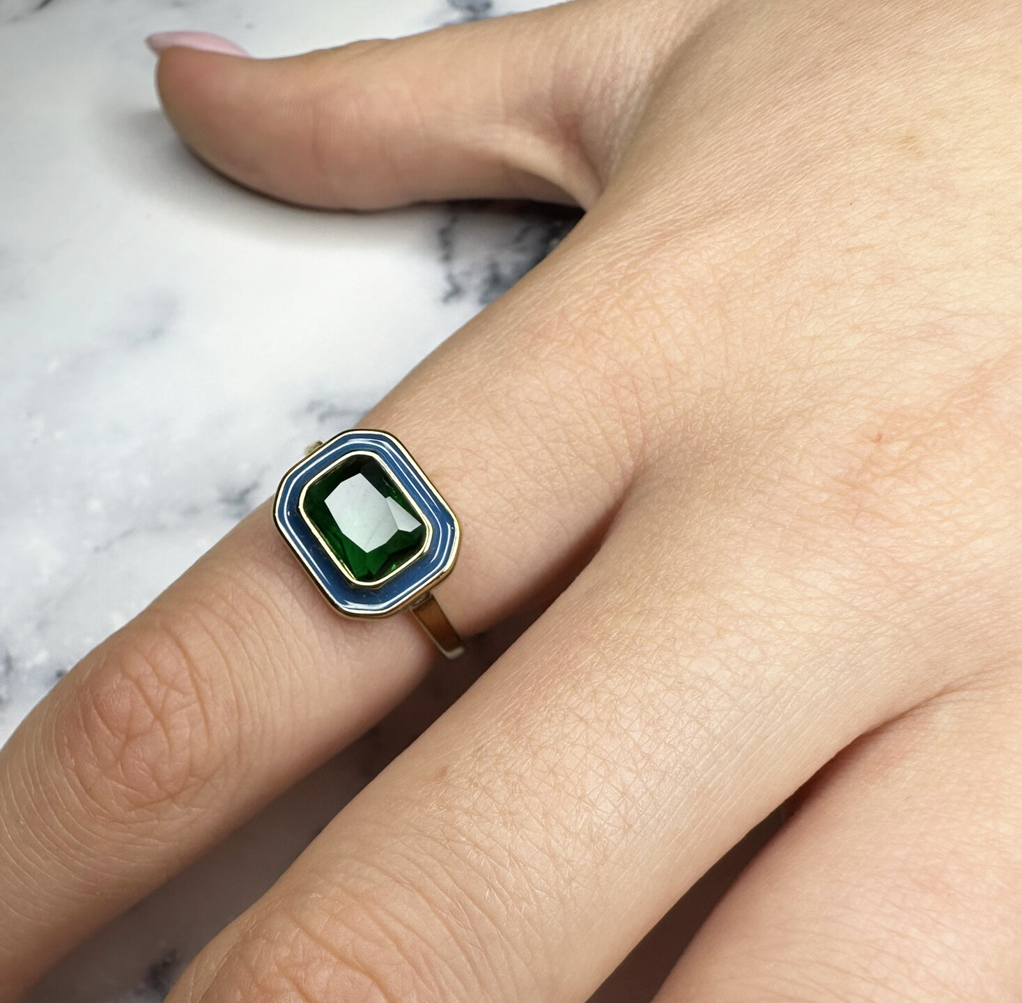 Charmin's Gold-Colored Chunky Ring Blue Enamel and Green Stone R1780 &ndash; Chic and Vintage