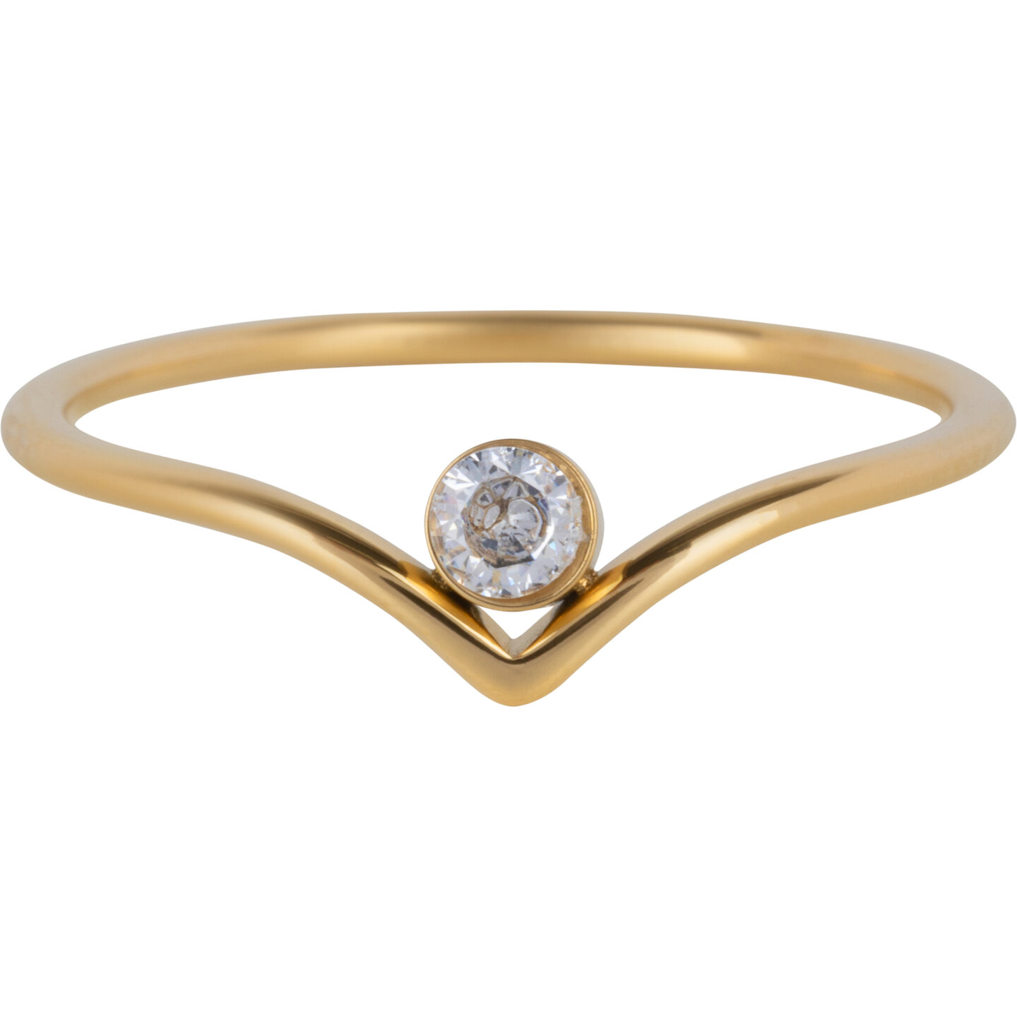 Charmin's Goudkleurige V-vorm Ring met Wit Rond Steentje R1413