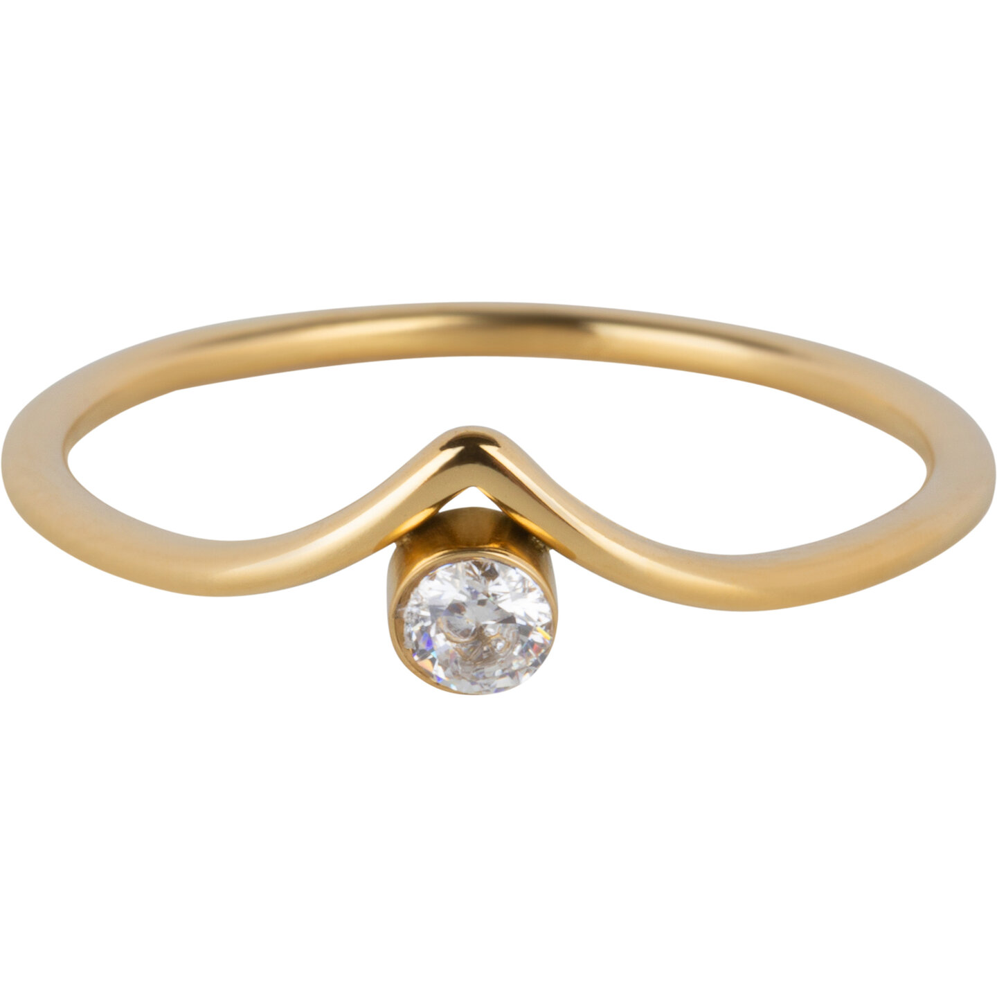 Charmin's Goudkleurige V-vorm Ring met Wit Rond Steentje R1413