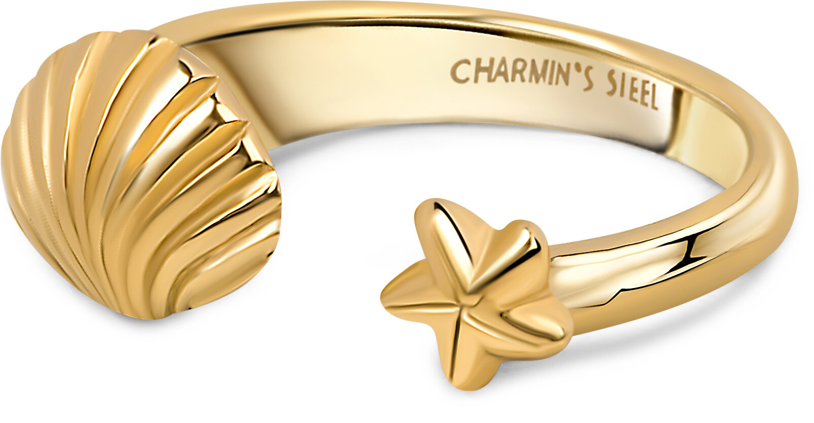 Charmin's Goudkleurige Chunky Ring met Schelp en Zeester Staal R1856 