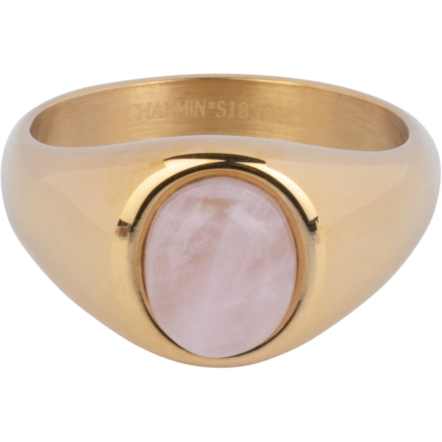 Chevali&egrave;re Charmin's couleur or avec pierre pr&eacute;cieuse ovale en quartz rose rose clair en acier R1269