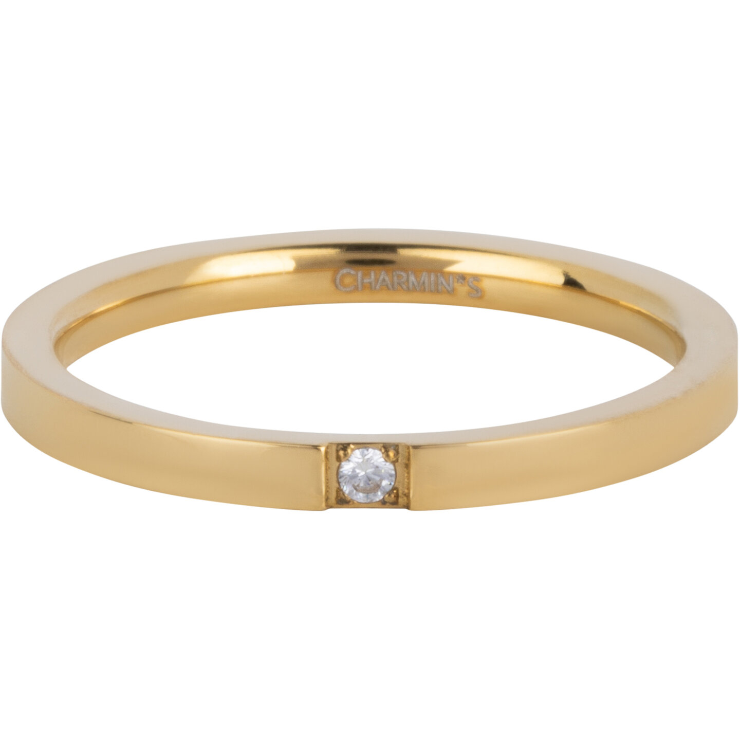 Charmin's Stalen Goudkleurige Ring Met 2 mm Kristal R1562 Precious Shiny Steel