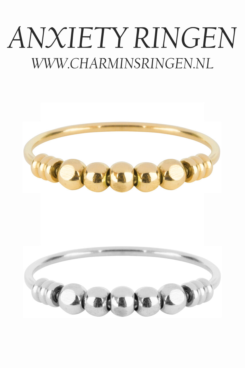 Charmin's Anxiety Ring met 5 Zwarte en Goudkleurige balletjes Staal R943 