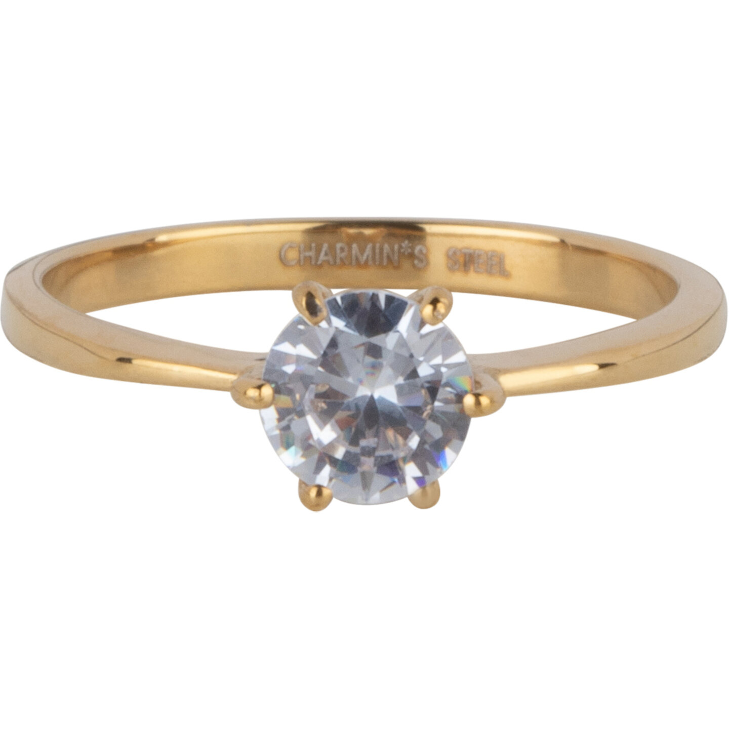 Charmin&rsquo;s Goudkleurige Classic Verloving White Ring Staal R1624