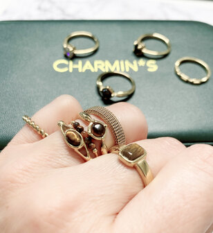Charmin&#039;s Signet Ring Gemstone Tiger Eye Rectangle Steel R1173