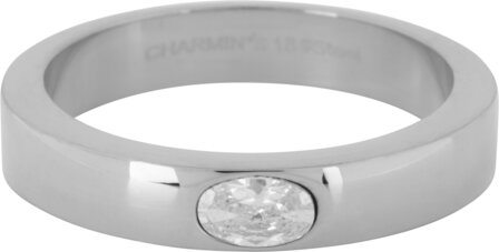 Charmin&rsquo;s Ring Brede Band Ovale Witte Steen Staal R1222