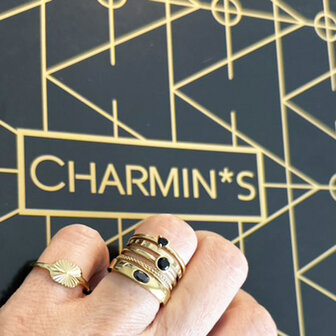 Charmins Ring, breites Band, oval, dunkelgr&uuml;ner Stein, Stahl R1226