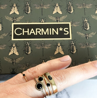 Charmin&#039;s Gold Verl&auml;ngerungsring runder Stein schwarzer Kristall 4 mm Stahl R1021