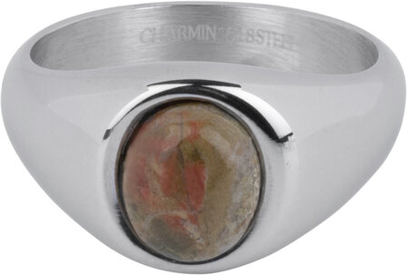 Charmin&#039;s Siegelring mit ovalem gr&uuml;n-rosafarbenem Unakit-Edelstein, Stahl R1270