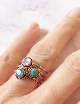 Charmin&#039;s Goudkleurige Ring Birthstone December Turkoois Kristal Staal Iconic Vintage R1100