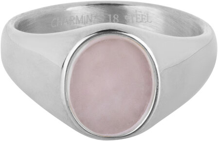Charmin&#039;s Zegelring met Platte Ovale Licht-roze Rozenkwarts Edelsteen Staal R1481