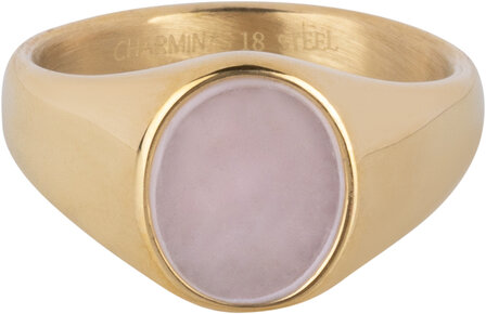 Charmin&#039;s Gold-colored Signet Ring with Flat Oval Light-pink Rose Quartz Gemstone Steel R1482