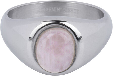 Charmin&#039;s Signet Ring with Oval Light Pink Rose Quartz Gemstone Steel R1268