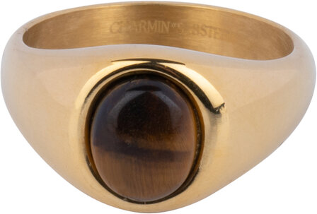 Charmin&#039;s Goudkleurige Zegelring met Bolle Ovale Tijgeroog Edelsteen Staal R1271