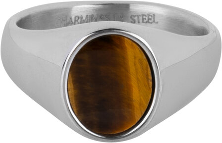 Charmin&#039;s Signet Ring with Flat Oval Tiger Eye Gemstone Steel R1477