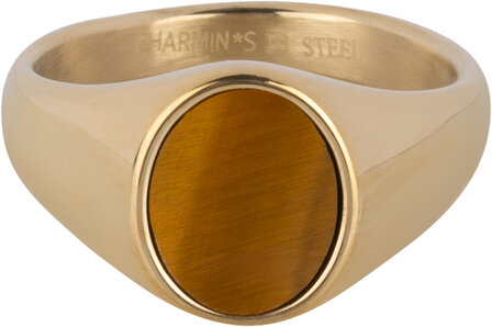 Charmin&#039;s Gold-colored Signet Ring with Flat Oval Tiger Eye Gemstone Steel R1478