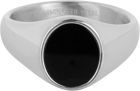 Charmin&#039;s Signet Ring with Flat Oval Black Onyx Gemstone Steel R1479 Steel R1481