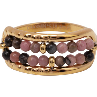 Charmin&#039;s Anxiety Ring Twee Rijen NaturalStones Amethist Beads Goudkleurig R1670