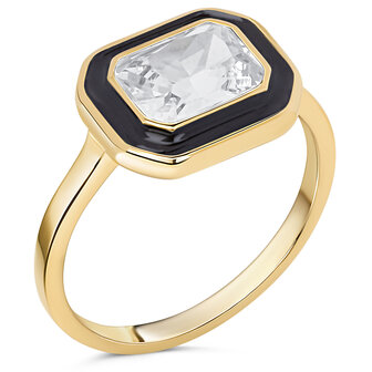 Charmin&#039;s Goudkleurige Chunky Ring Zwart Emaille en Witte Steen R1779 &ndash; Paris Chic