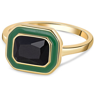 Charmin&#039;s Goudkleurige Chunky Ring Groen Emaille en Zwarte Steen R1778 &ndash; Gedurfd en Verfijnd