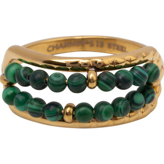 Charmin&#039;s Anxiety Ring Twee Rijen NaturalStones Malachite Beads Goudkleurig R1672