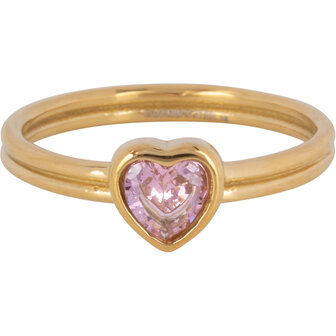 Charmin's Goudkleurige Dubbele Ring met Kristal Roze Hartje R1516&ndash; Stoere Liefde